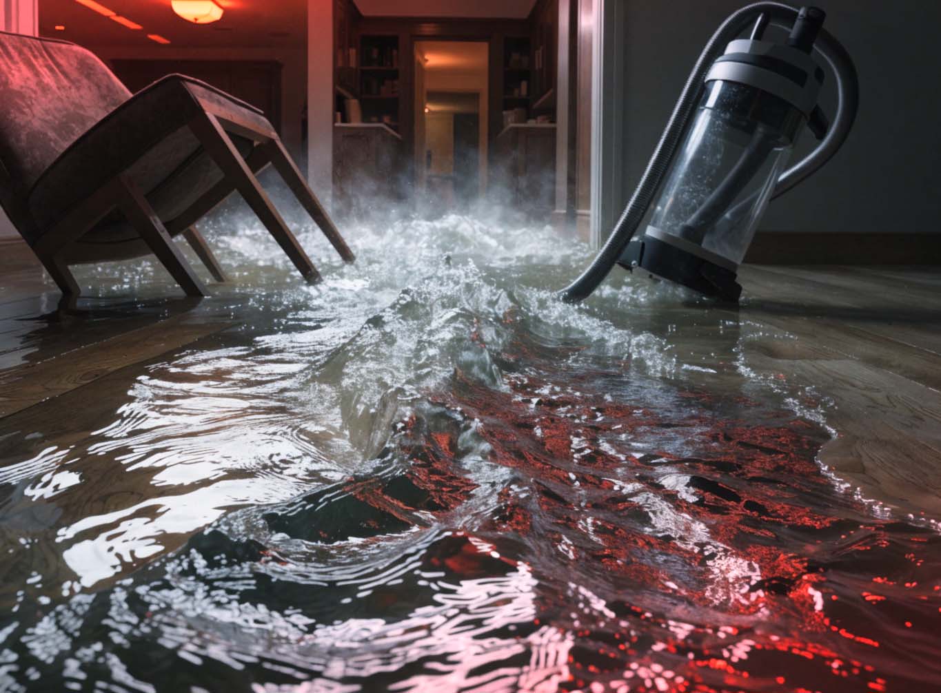 Water surging across the wood floor of a home interior
