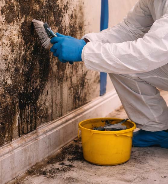 A worker scrubbing black mold from a wall with a brush during remediation
