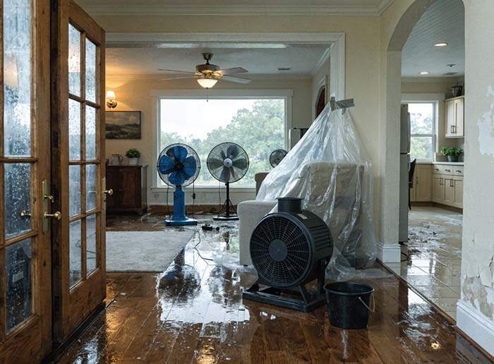 Pedestal fans and an air mover drying a wet hardwood floor with furniture under plastic sheeting